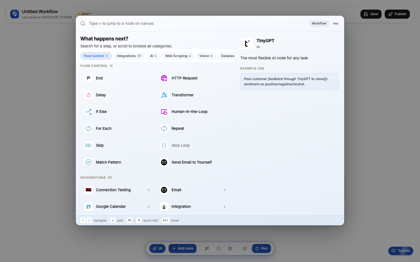 Add node panel showing Flow Control, Integrations, AI, Web Scraping, Vision, and Database categories with all available node types