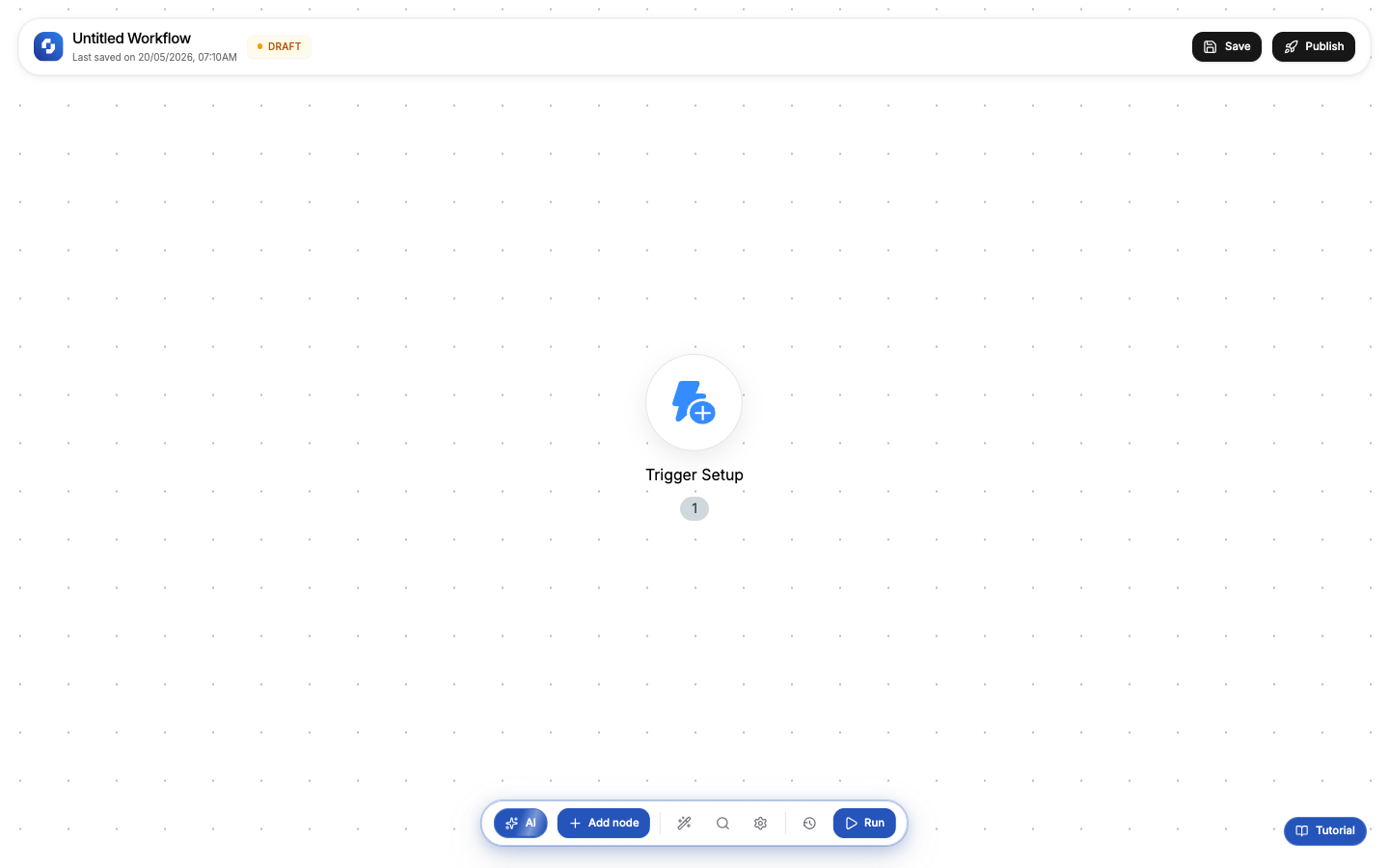 Empty workflow canvas with Trigger Setup node, toolbar showing Save and Publish buttons, and bottom bar with Add node and Run