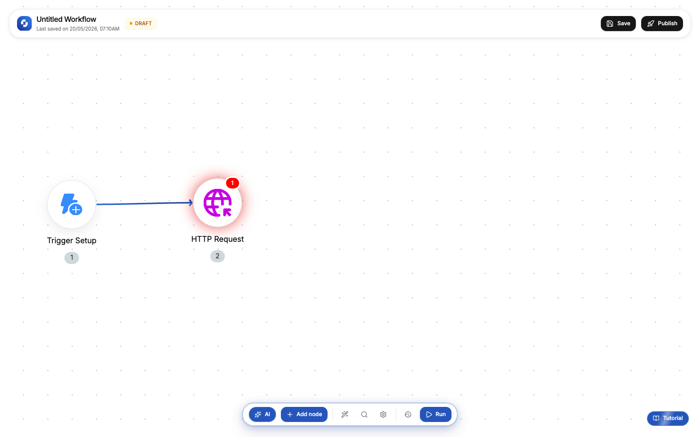 Canvas showing Trigger Setup connected to HTTP Request with an arrow