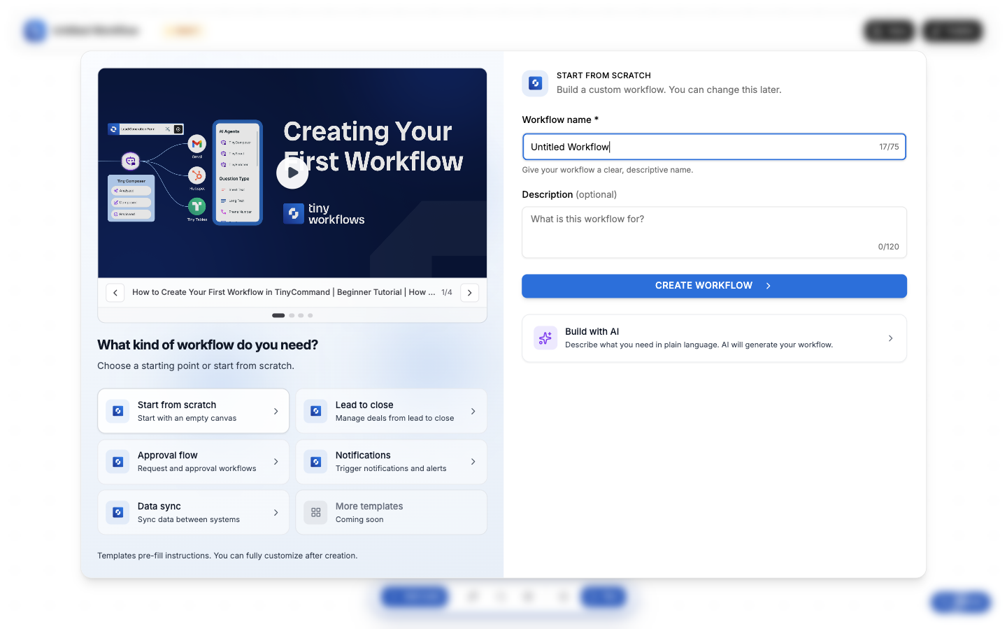 Create workflow dialog with templates and AI builder option