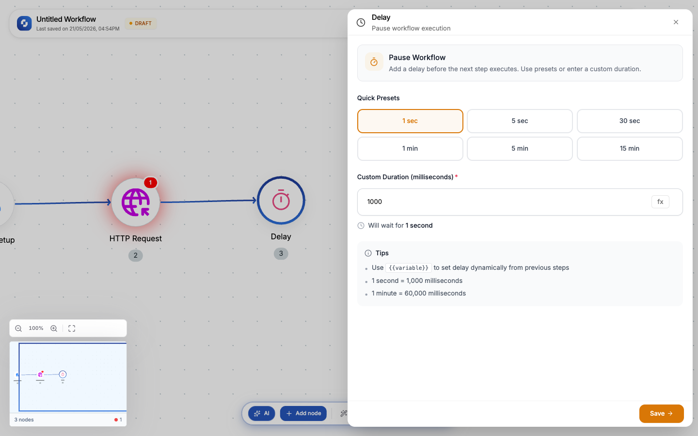 Delay node configuration showing quick presets and custom duration field