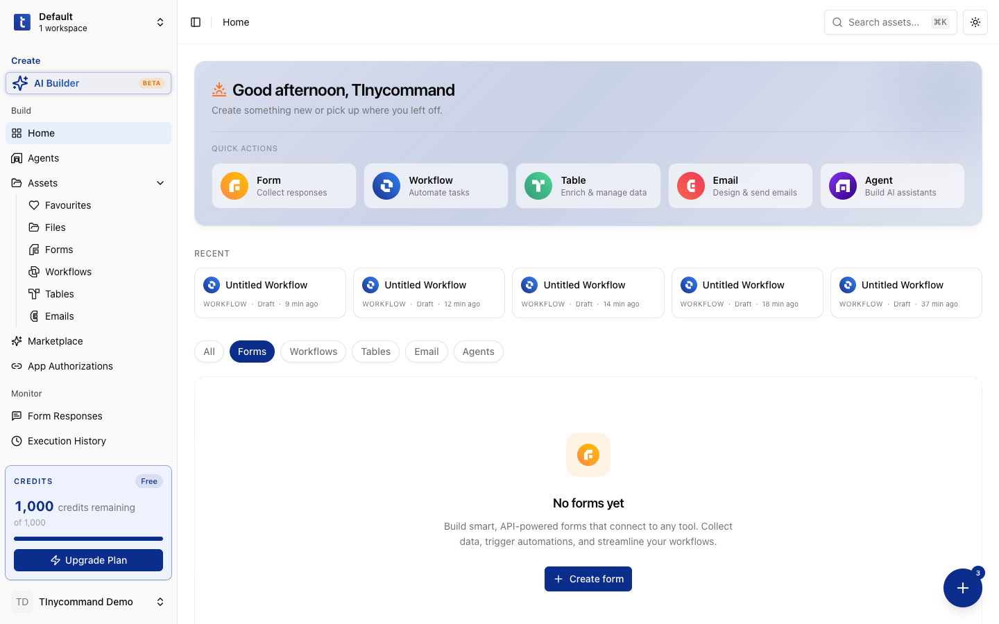 TinyForms in the platform: create and manage forms from the Assets sidebar