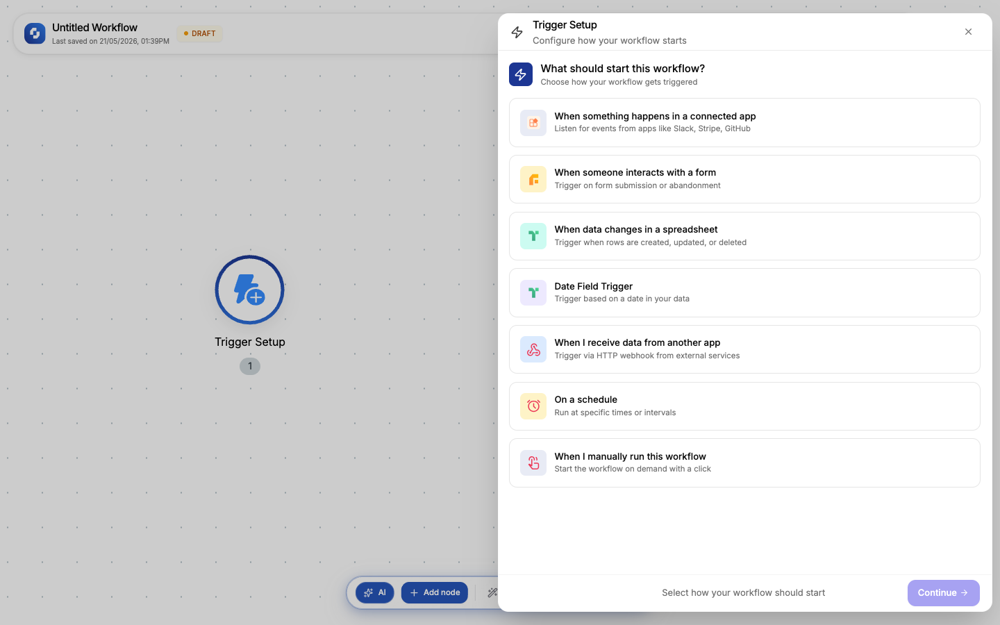 Trigger Setup drawer showing all 7 trigger types: App Event, Form Submission, Spreadsheet Change, Date Field, Webhook, Schedule, and Manual Run